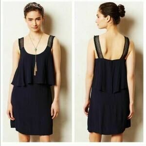 Anthropologie Maeve Tisana Shift Dress 0 Navy Blue Tiered Layer Mini New